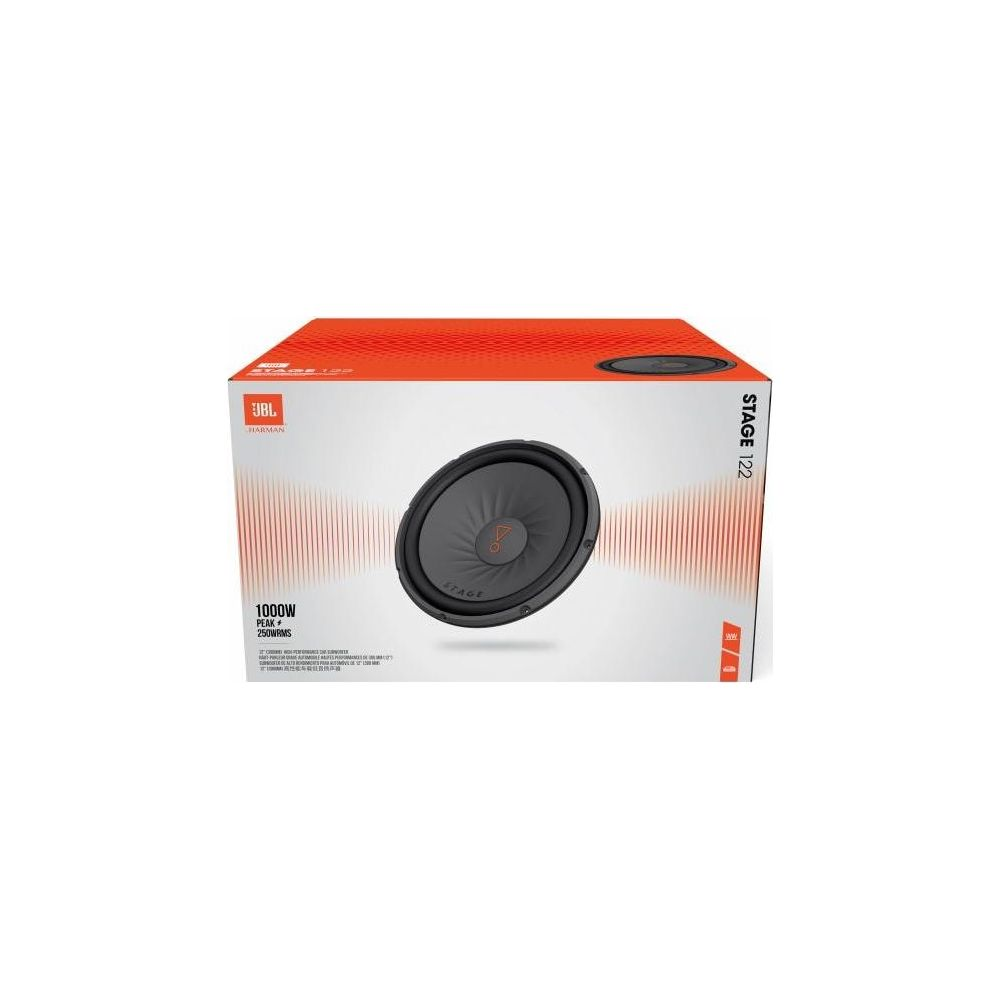 Subwoofer JBL Stage 122 su scatola bianca con accenti arancioni.