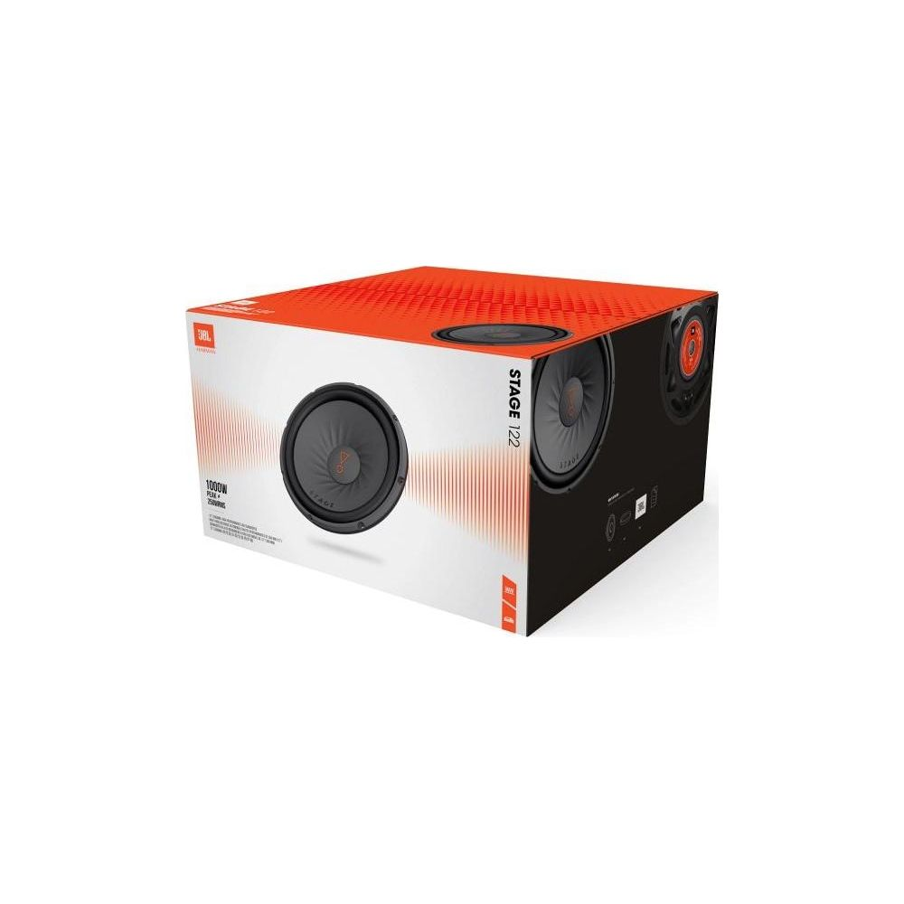 Altoparlante JBL in scatola con motivo arancione e stampa nera.