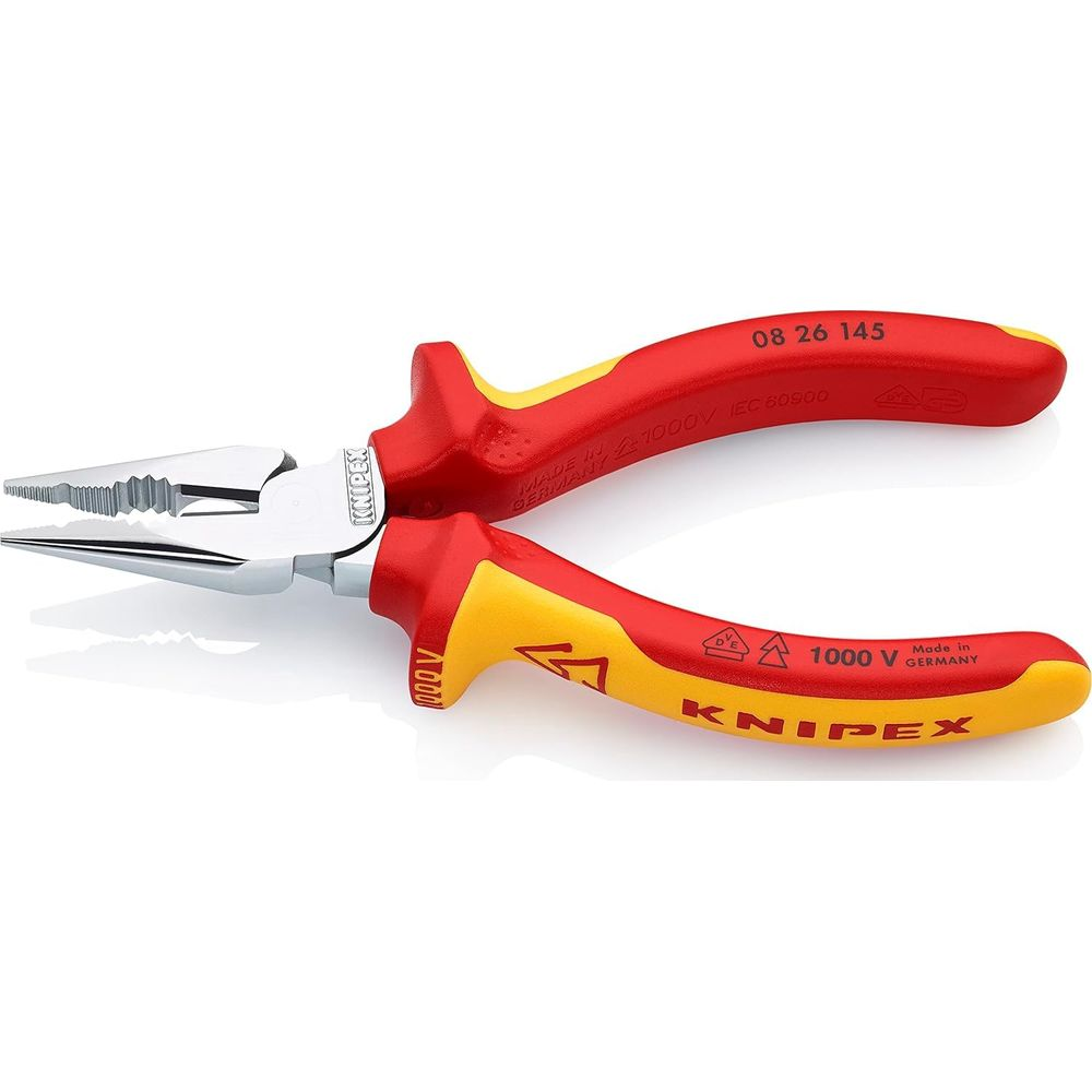 Rote und gelbe Kombizange von Knipex mit silberner Spitze und Griffen.