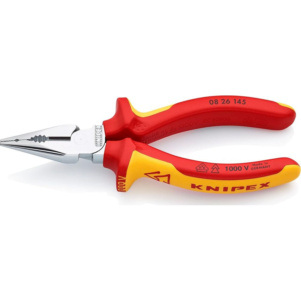 Rote und gelbe Kombizange von Knipex mit 1000V Isolierung, Made in Germany.