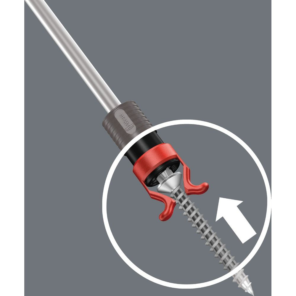 Ein Schraubendreher mit rotem Halteclip hält eine Schraube. Pfeil zeigt nach rechts.