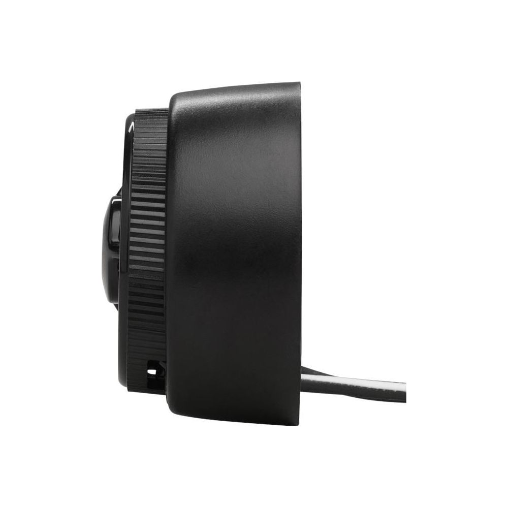 Objet noir avec des nervures et un câble sur fond blanc.