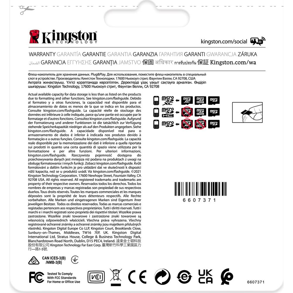 Kingston Logo über mehrsprachiger Garantie-Info. Daneben microSD-Karten und Barcode.