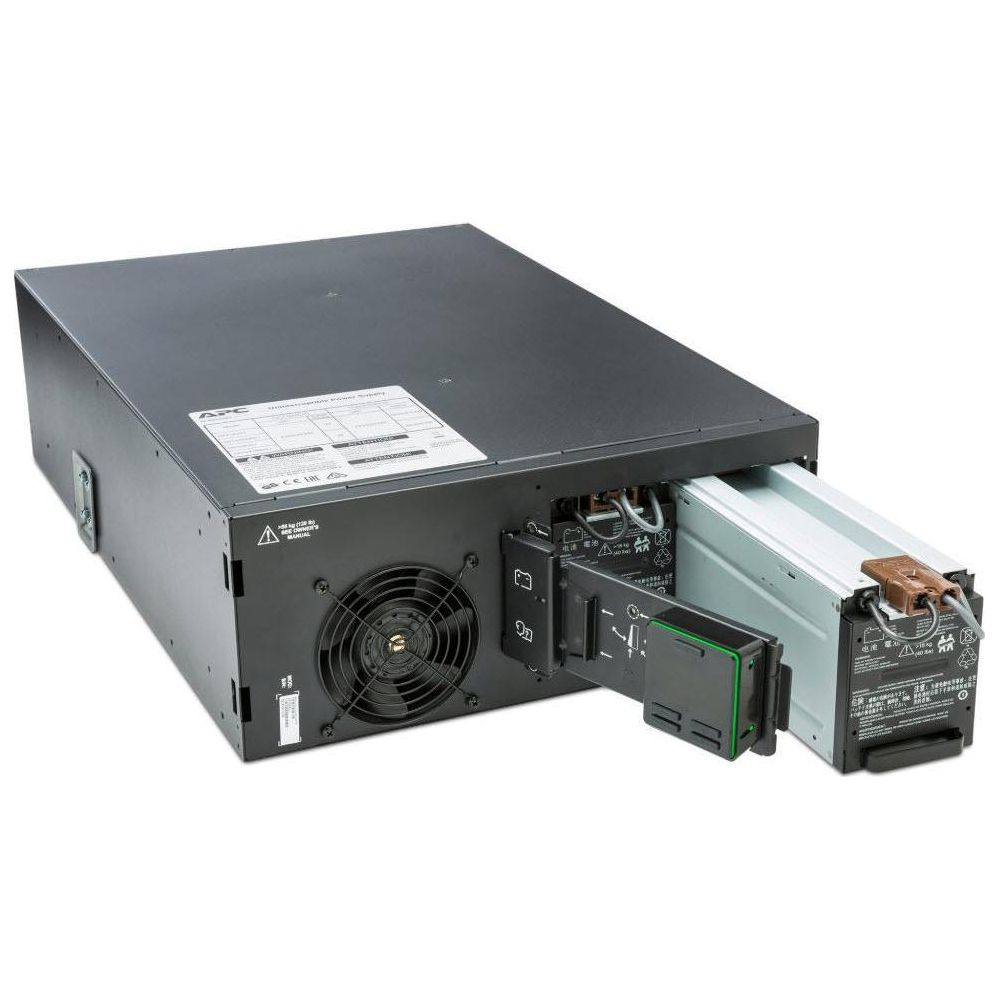 Unità UPS APC nera con pacco batteria estratto e ventola.