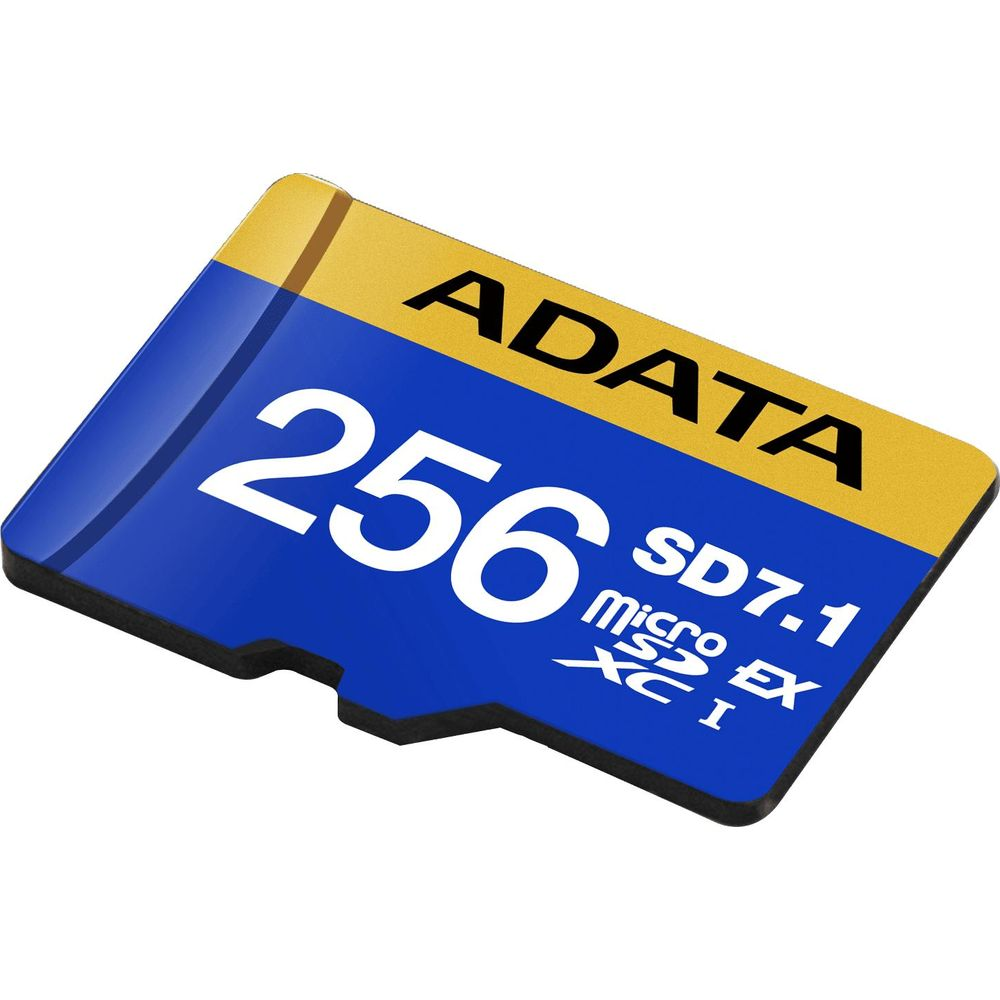 ADATA 256GB Micro SDXC I Karte mit SD 7.1 Standard, blau und gelb.