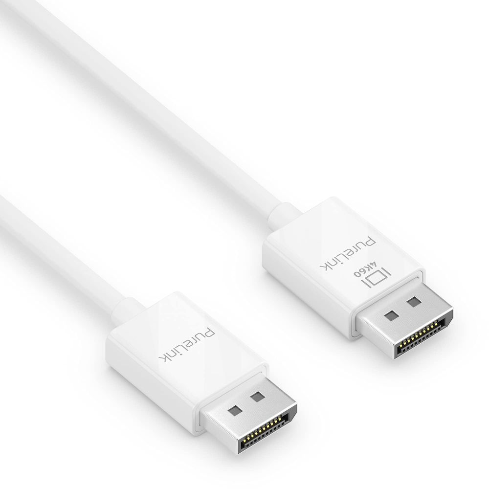 Zwei weiße DisplayPort-Kabel mit 4K60-Markierung und PureLink-Logo.
