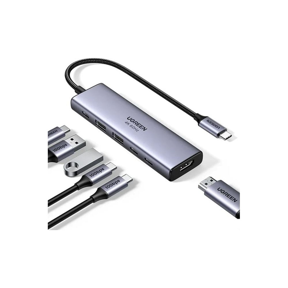 Szara stacja dokująca USB-C z wieloma portami i kablami na białym tle.