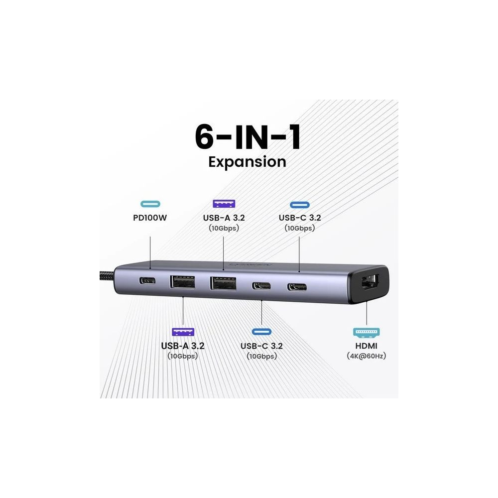 Szary hub 6 w 1 z portami USB-C, USB-A i HDMI.