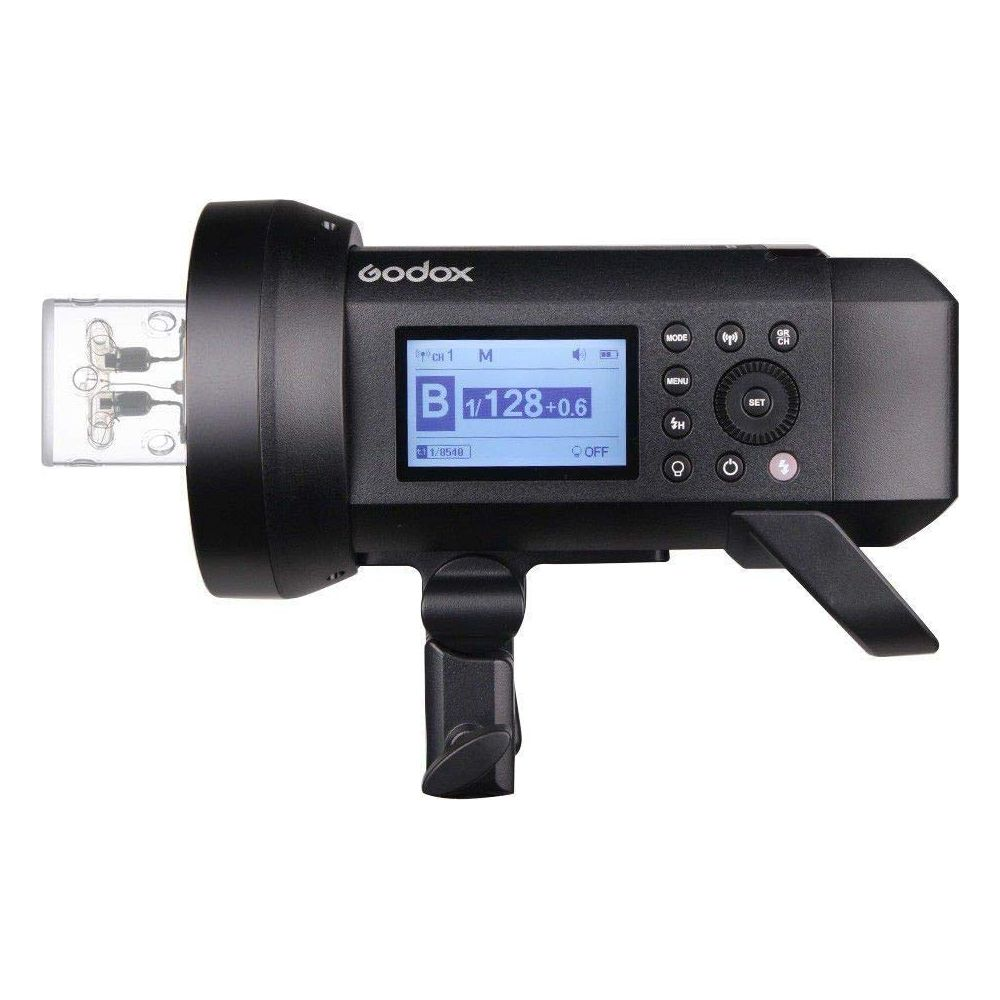 Ein schwarzer Godox Blitz mit einem LCD-Display und Bedienelementen.