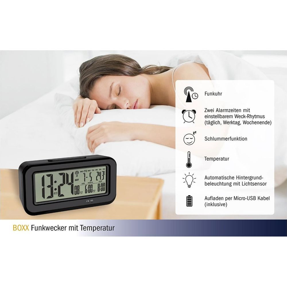 Ein Wecker mit digitaler Anzeige und Frau im Bett. Funktionen werden aufgelistet.