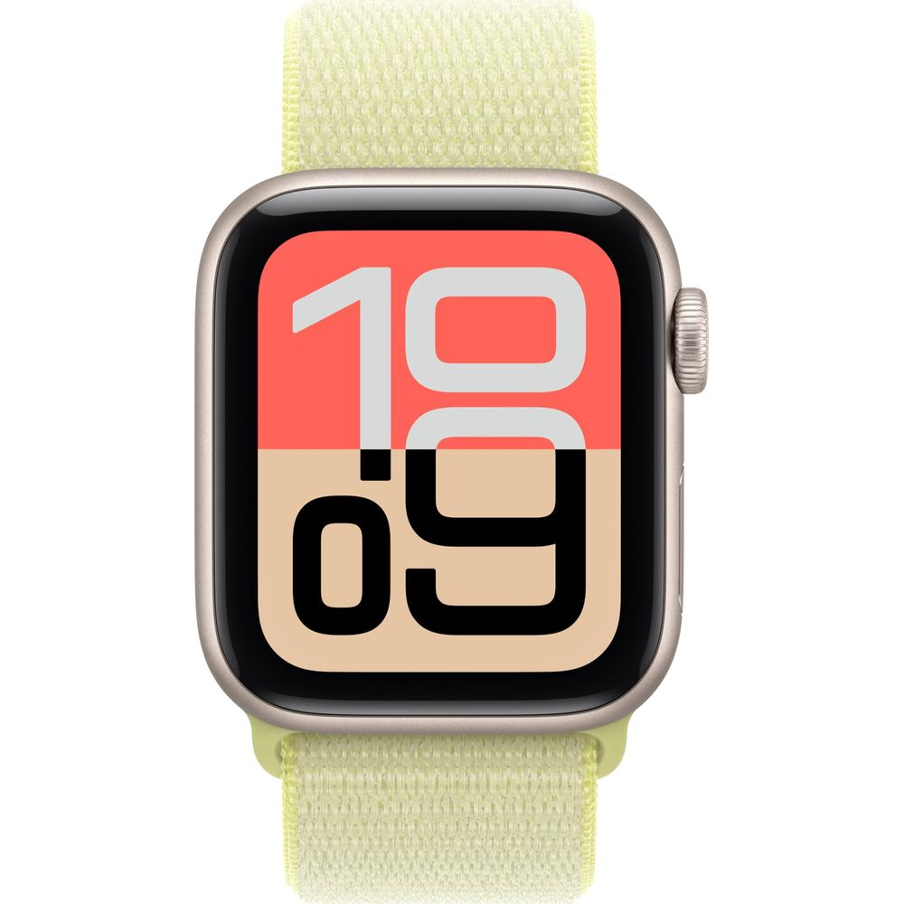 Uno smartwatch dorato con cinturino giallo mostra le 10:09 su quadrante bicolore.