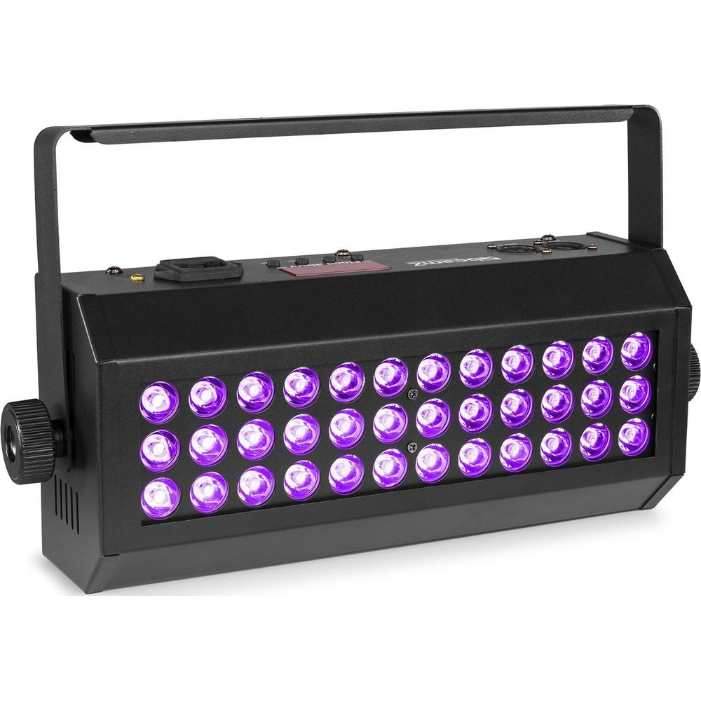 Foco negro con 32 LEDs morados, asa y perillas laterales.
