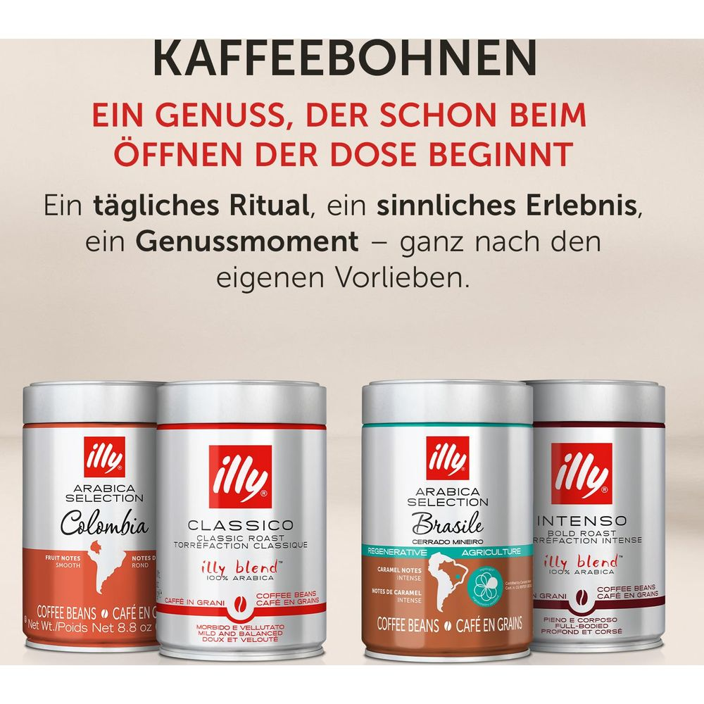 Quattro lattine di caffè illy: Colombia, Classico, Brasile, Intenso. Testo sul piacere.