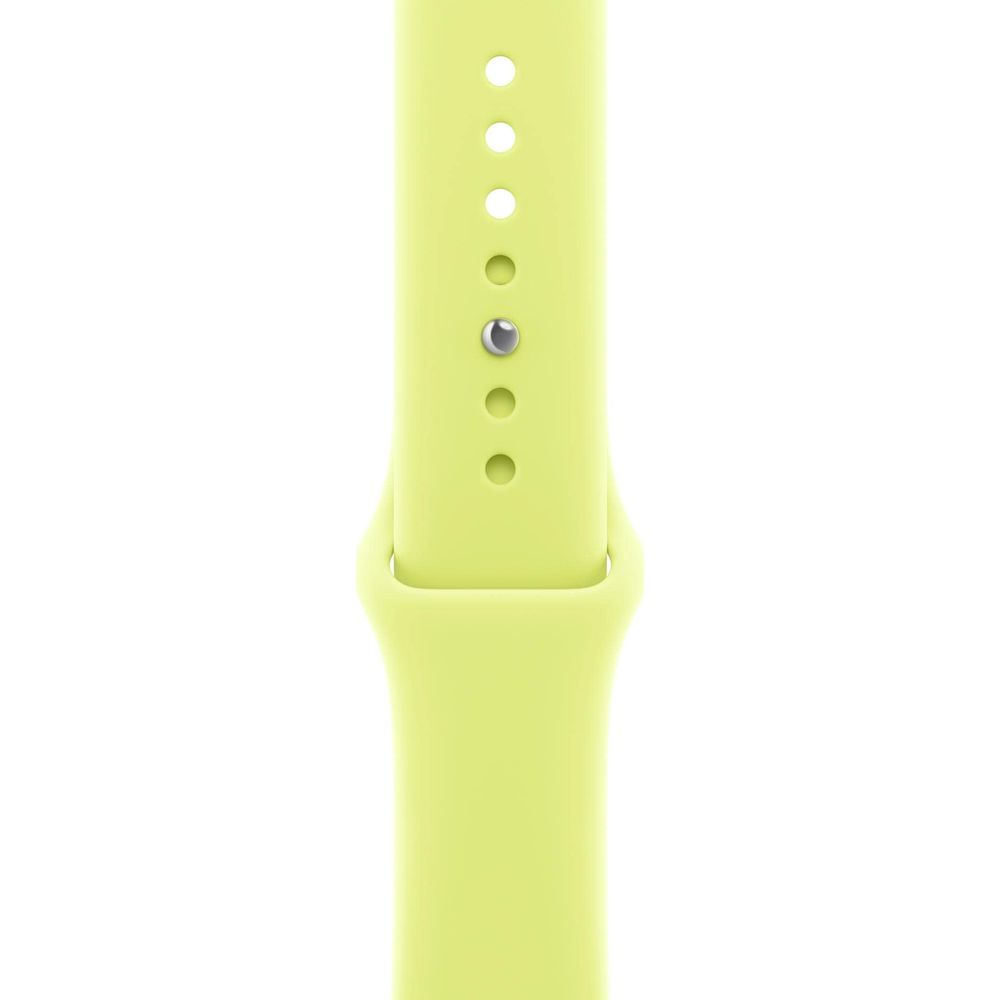 Ein hellgrünes Uhrenarmband mit silbernen Nieten und Löchern.