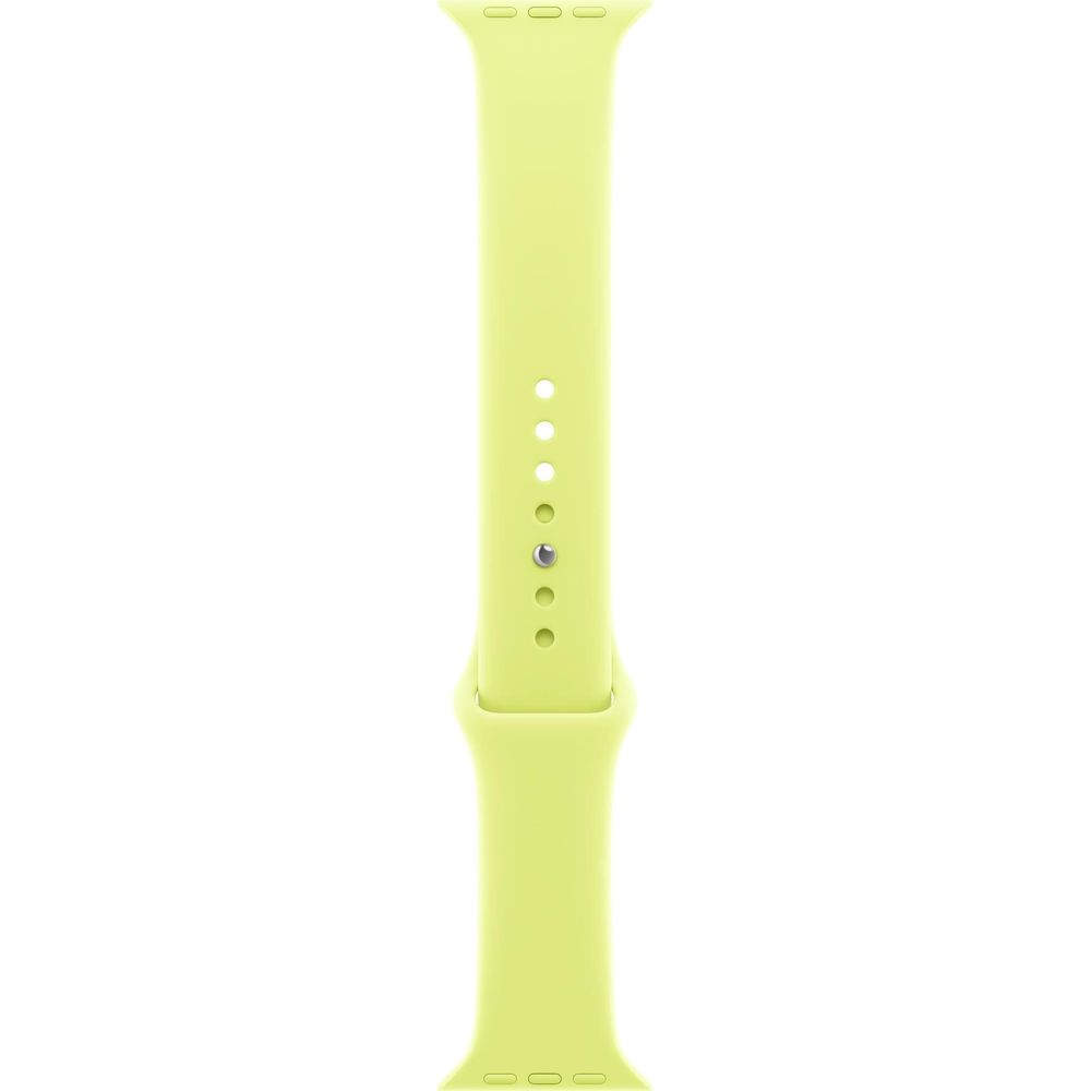 Ein hellgelbes Uhrenarmband mit schmalen Schlitzen und runden Löchern.