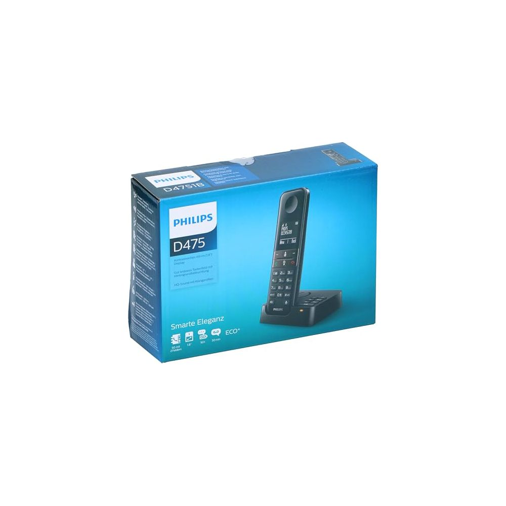 Emballage d'un téléphone sans fil Philips D475 montrant le combiné et le clavier.
