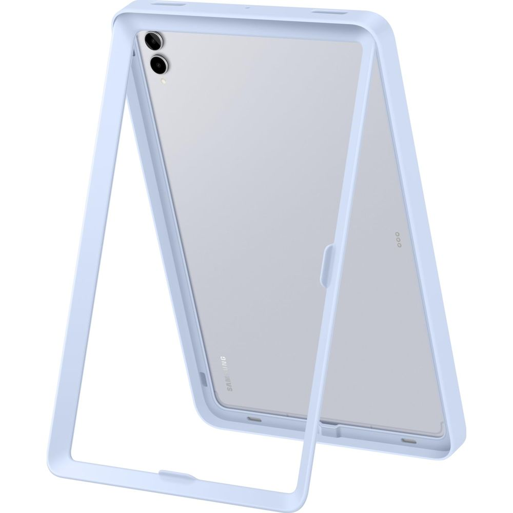 Un tablet azzurro con custodia protettiva, in piedi.