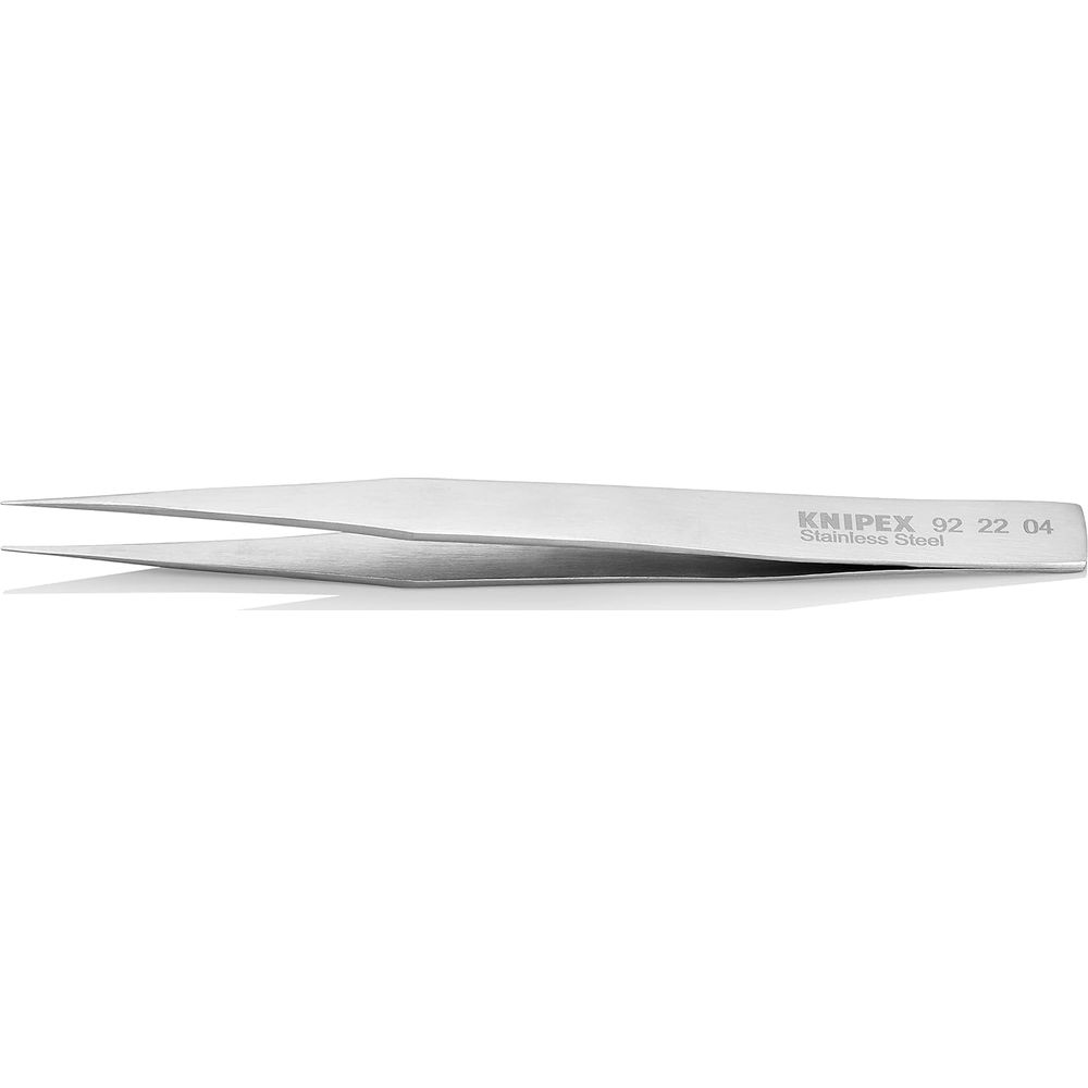 Silberne Pinzette mit Beschriftung 'KNIPEX 92 22 04 Stainless Steel'.