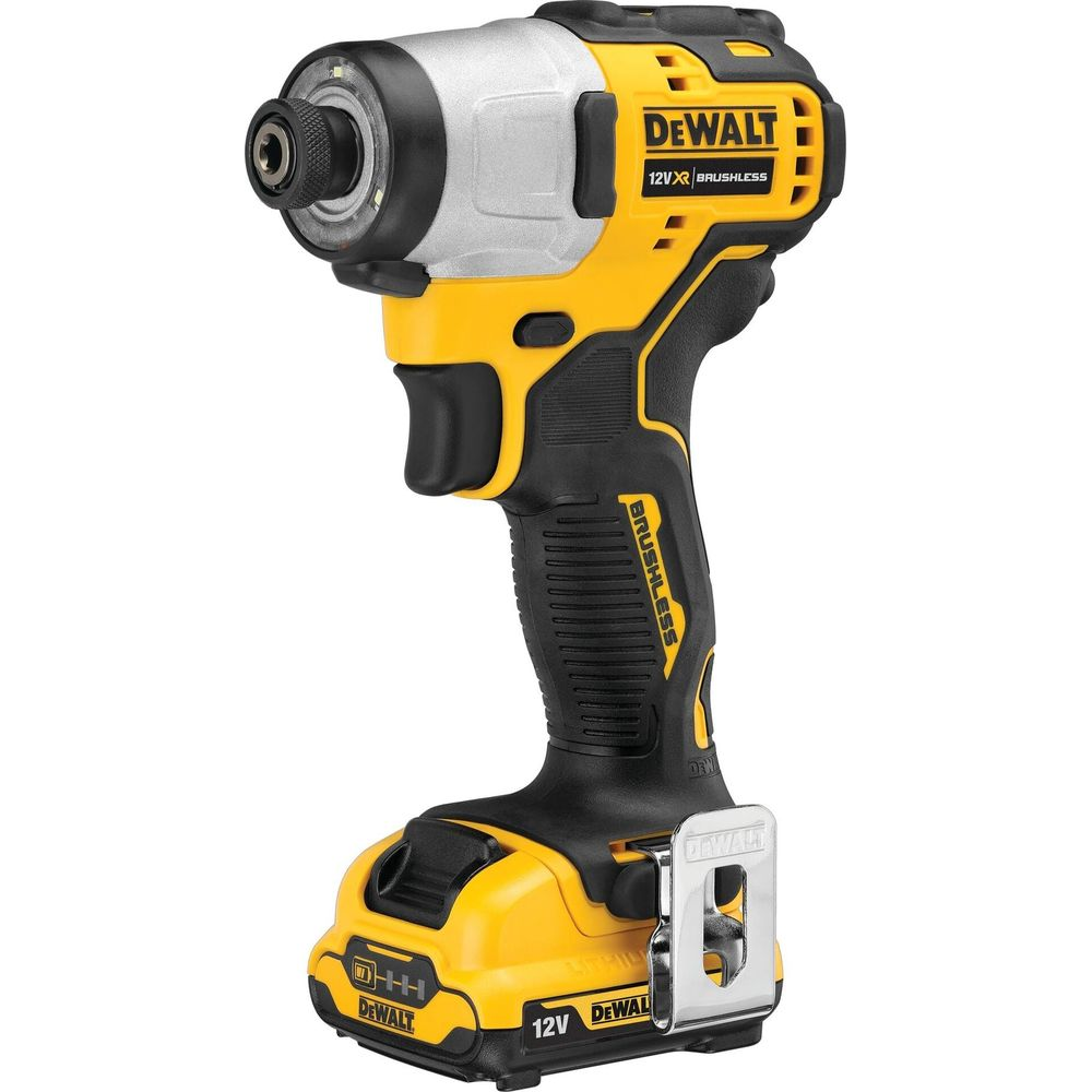 Avvitatore a percussione brushless Dewalt 12V XR giallo e nero con luce LED.