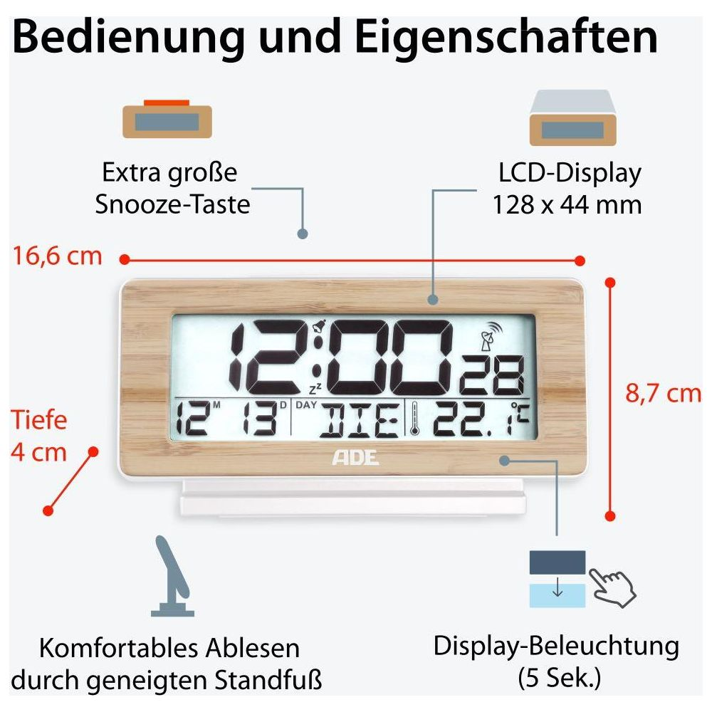 Digitaluhr mit Snooze-Taste, LCD-Display zeigt Zeit, Datum, Temperatur.
