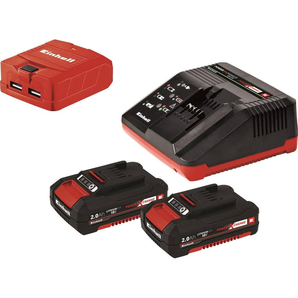 Chargeur, adaptateur et deux batteries Einhell 18V sur fond blanc.