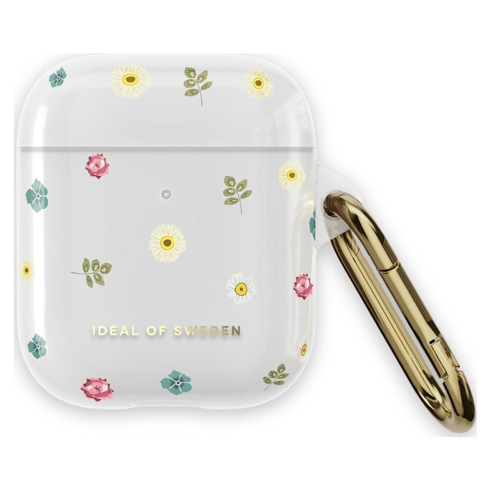 Ein weißer AirPod-Koffer mit Blumenmuster und goldenem Karabiner.