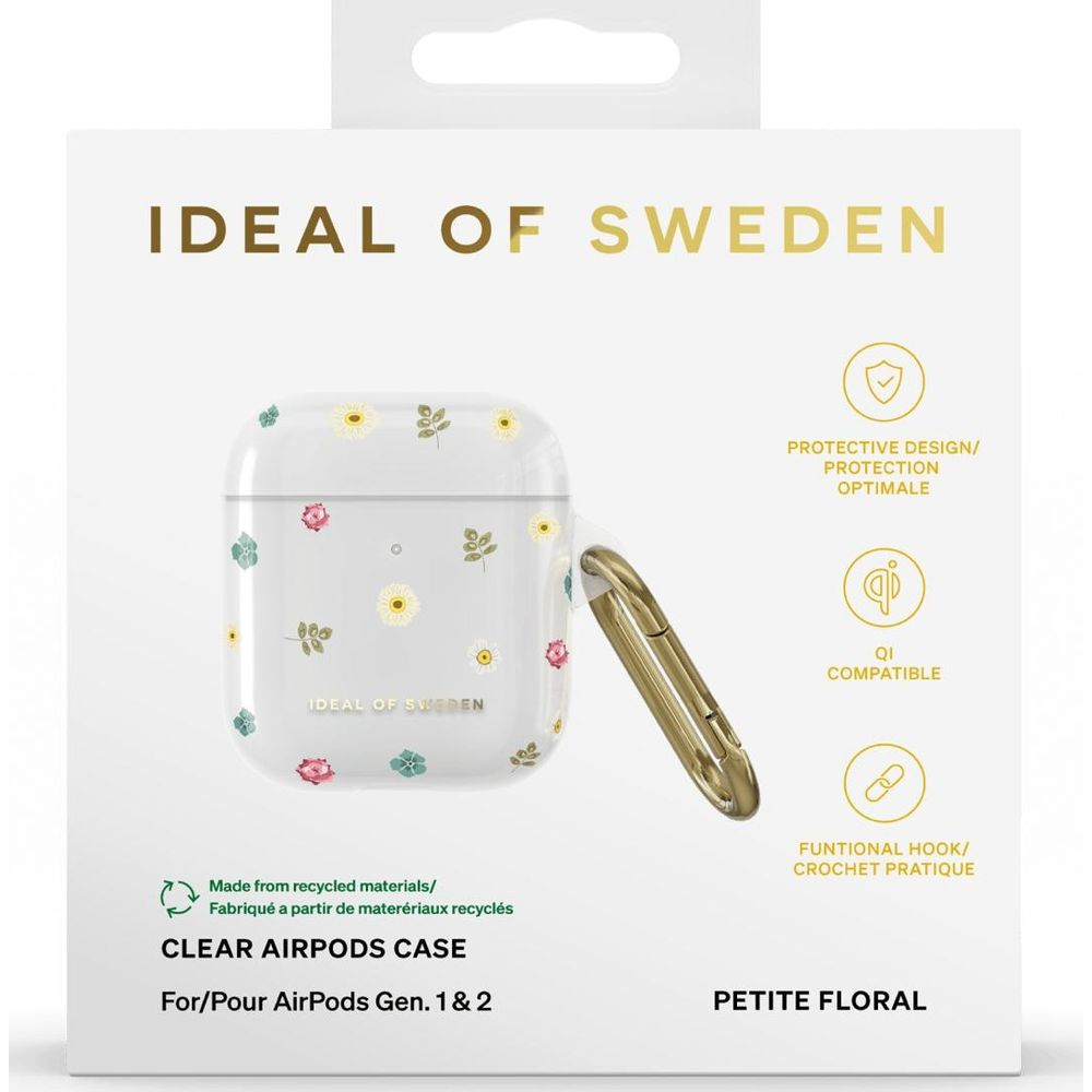 Klare AirPods Hülle mit Blumenmuster, goldener Karabiner, Ideal of Sweden.