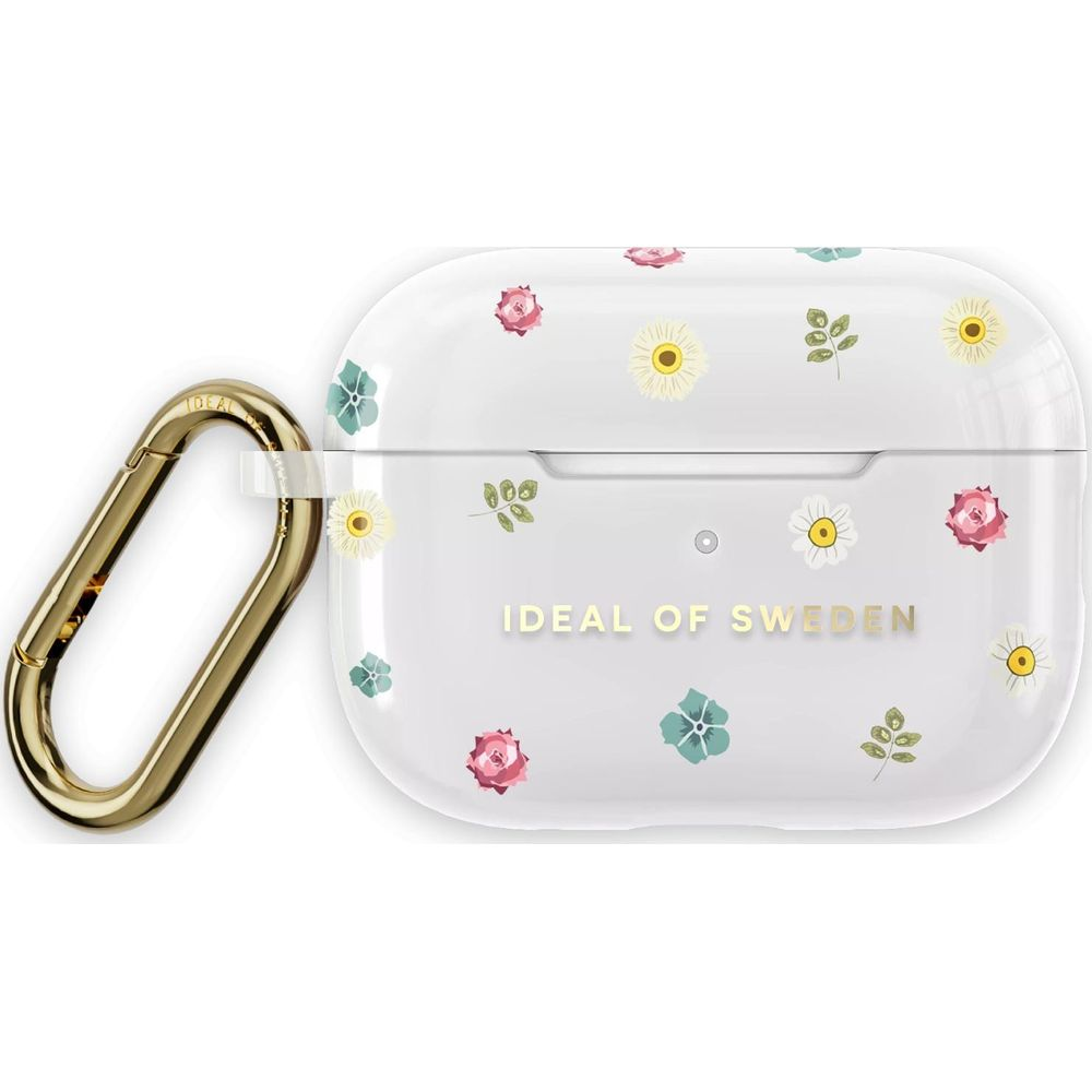 Eine weiße AirPods-Hülle mit blauen und rosafarbenen Blumen und einem goldenen Karabinerhaken.