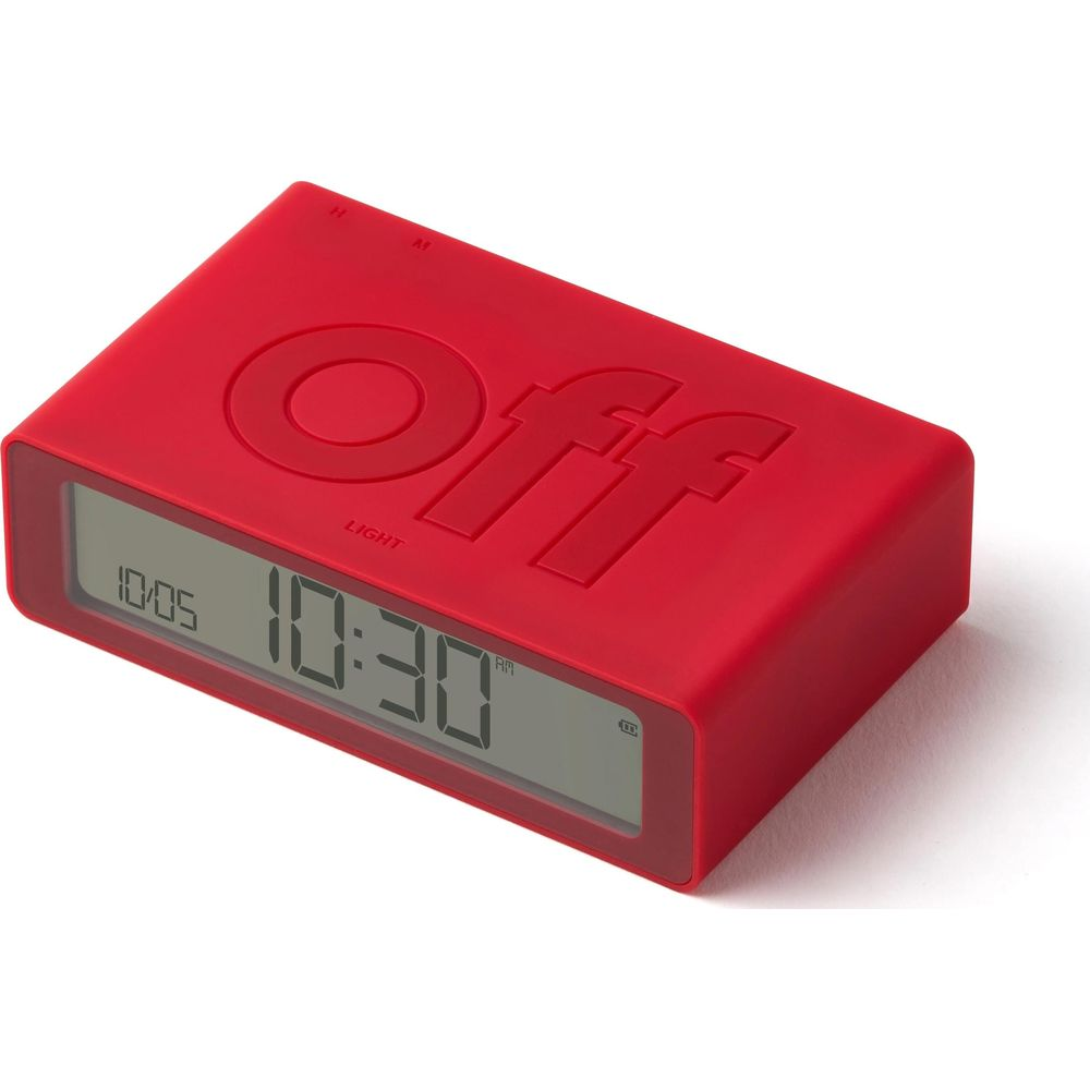 Ein roter Klappwecker mit digitaler Anzeige. "OFF" ist eingeprägt.