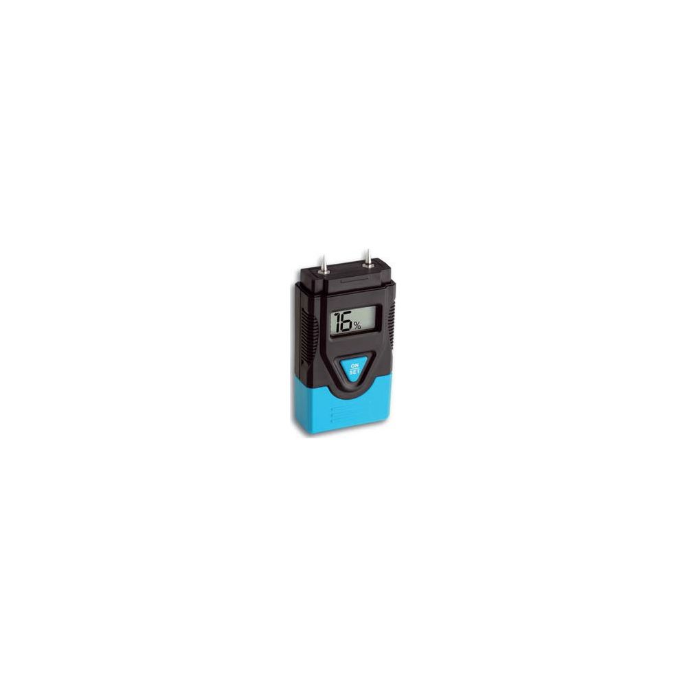 Ein digitaler Feuchtigkeitsmesser mit blauem Gehäuse und schwarzem Oberteil.