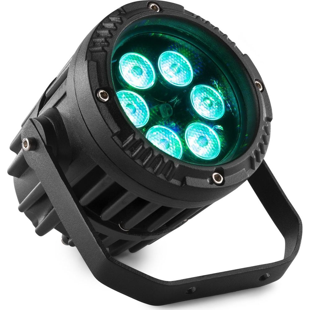 Foco negro con seis LED azul brillante y soporte ajustable.