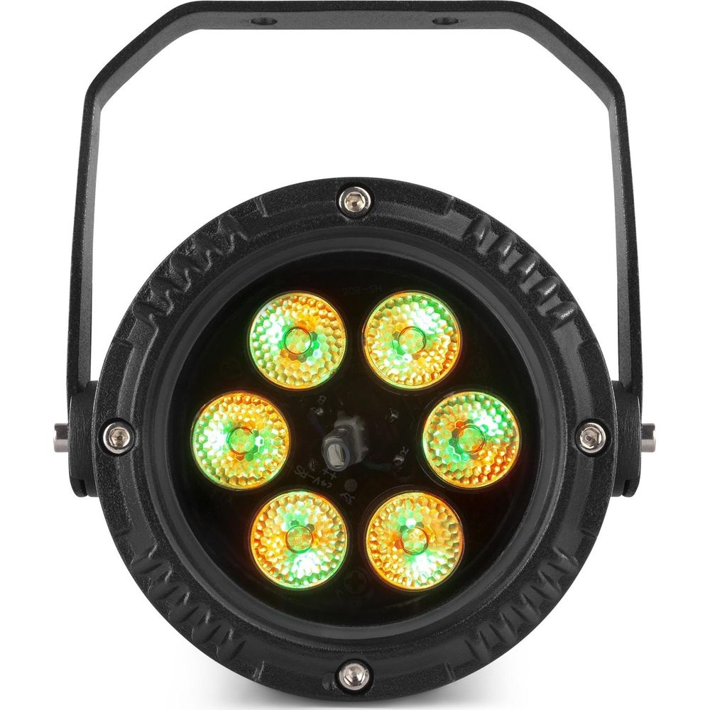Un foco negro con seis luces que brillan en verde y amarillo.