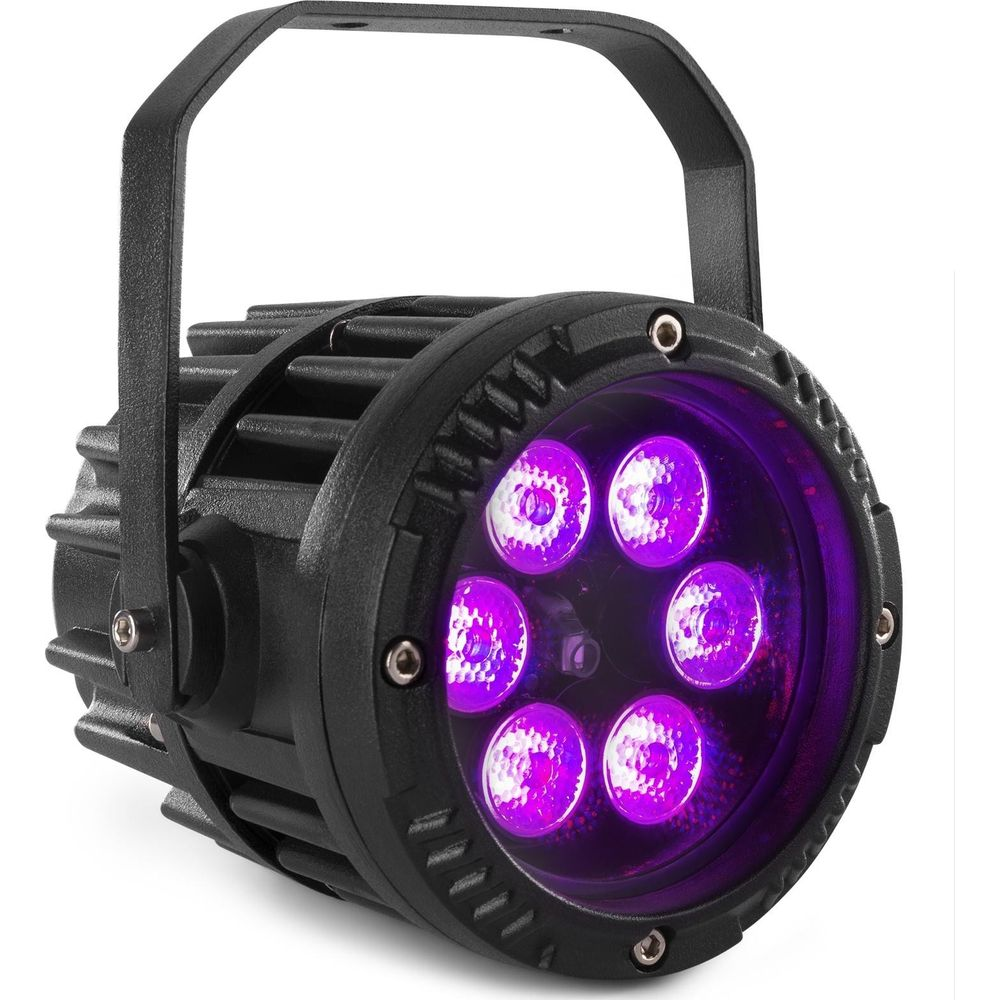 Foco LED negro con seis luces moradas y un asa.