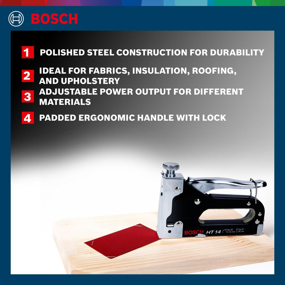 Bosch HT 14 zımba tabancası, kırmızı malzemeli ahşap tahta üzerinde.