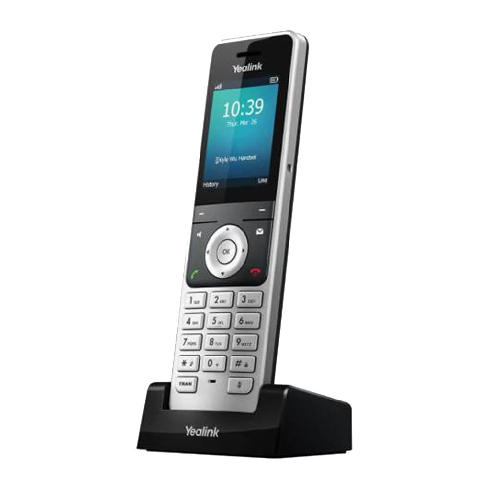 Un teléfono inalámbrico Yealink plateado con base de carga. Muestra 10:39.