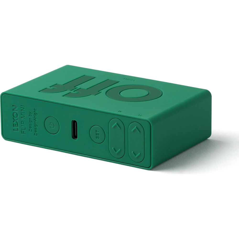 Appareil vert Lexon Flip Mini avec commandes et texte 'OFF'.