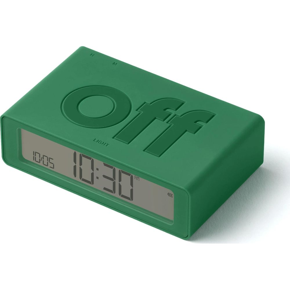 Réveil numérique vert avec "OFF" en relief. Affiche 10:05 et 10:30.