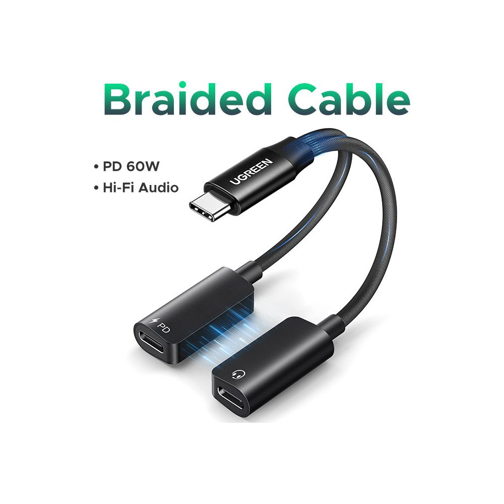 Czarny kabel USB-C z dwoma portami: PD 60W i słuchawkami.