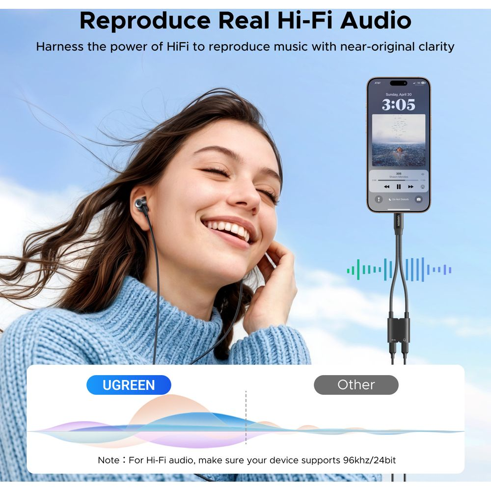 Kobieta w słuchawkach słucha muzyki HiFi ze smartfona.