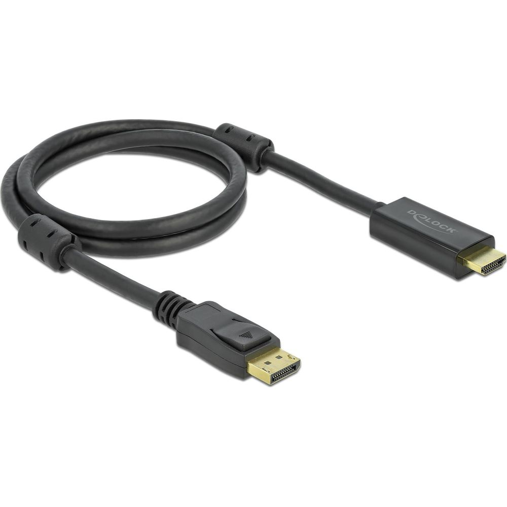 Un câble noir avec connecteurs DisplayPort et HDMI sur fond blanc.