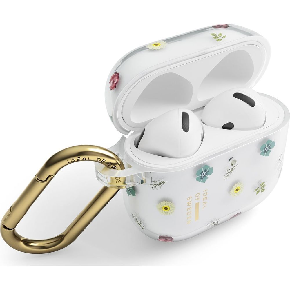 Weiße AirPod-Hülle mit Blumenmuster und goldenem Karabinerhaken.