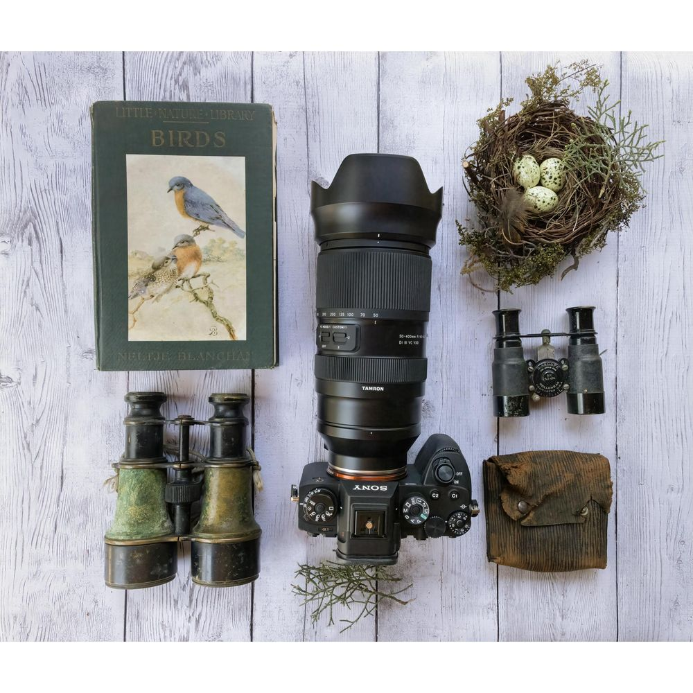 Książka o ptakach, aparat, lornetki, gniazdo z jajami i torba na drewnianym stole.