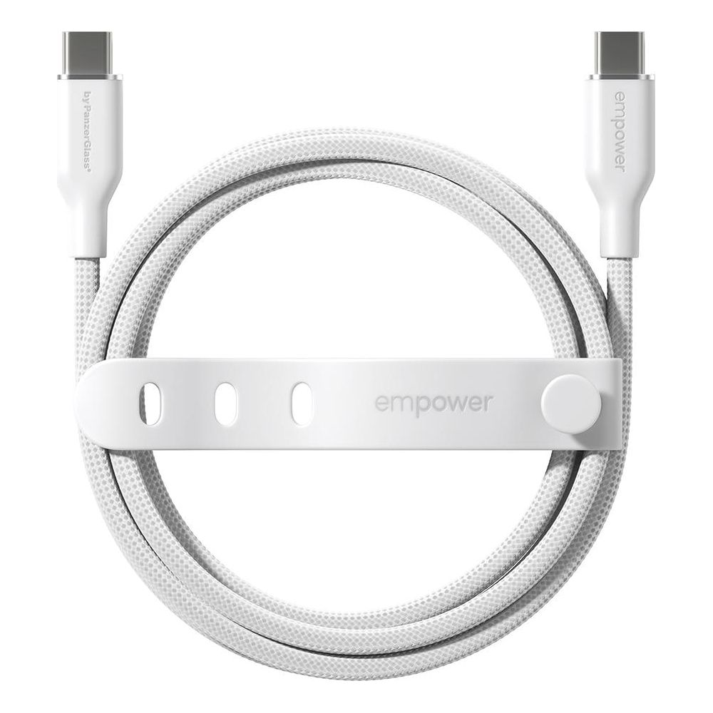 Beyaz bir kayışla bağlanmış beyaz USB-C kablosu.