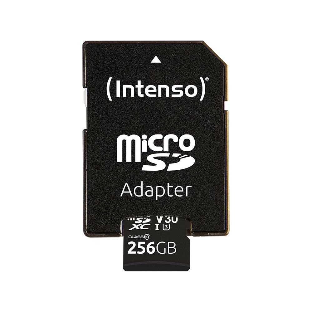 Schwarzer MicroSD-Adapter mit 256 GB Speicherplatz und Intenso-Logo.