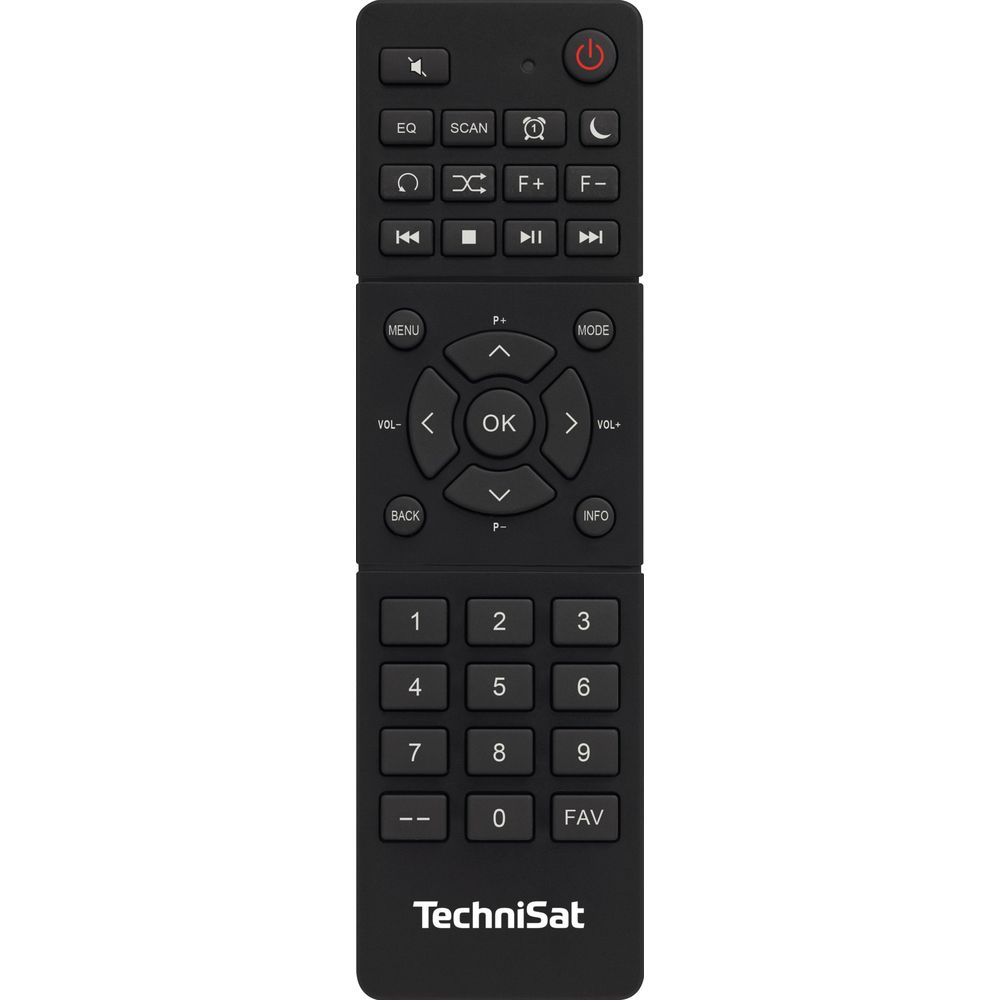 Czarny pilot TechniSat z przyciskami menu, głośności i cyframi.