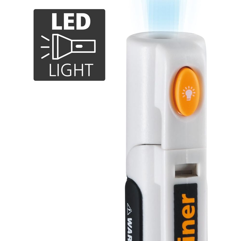 Ein weißer LED-Stift mit orangefarbenem Knopf und Lichtstrahl.