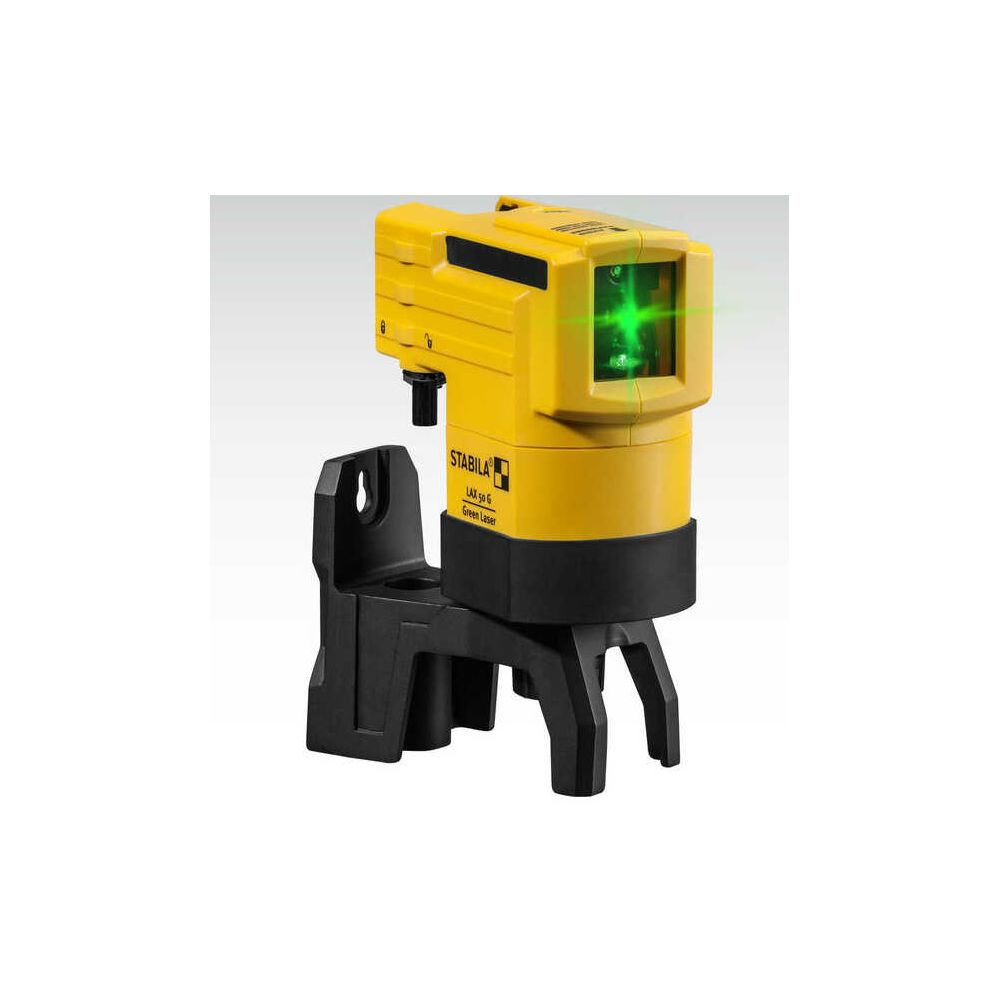 Żółty emiter poziomicy laserowej z zielonym światłem lasera i czarną podstawą.