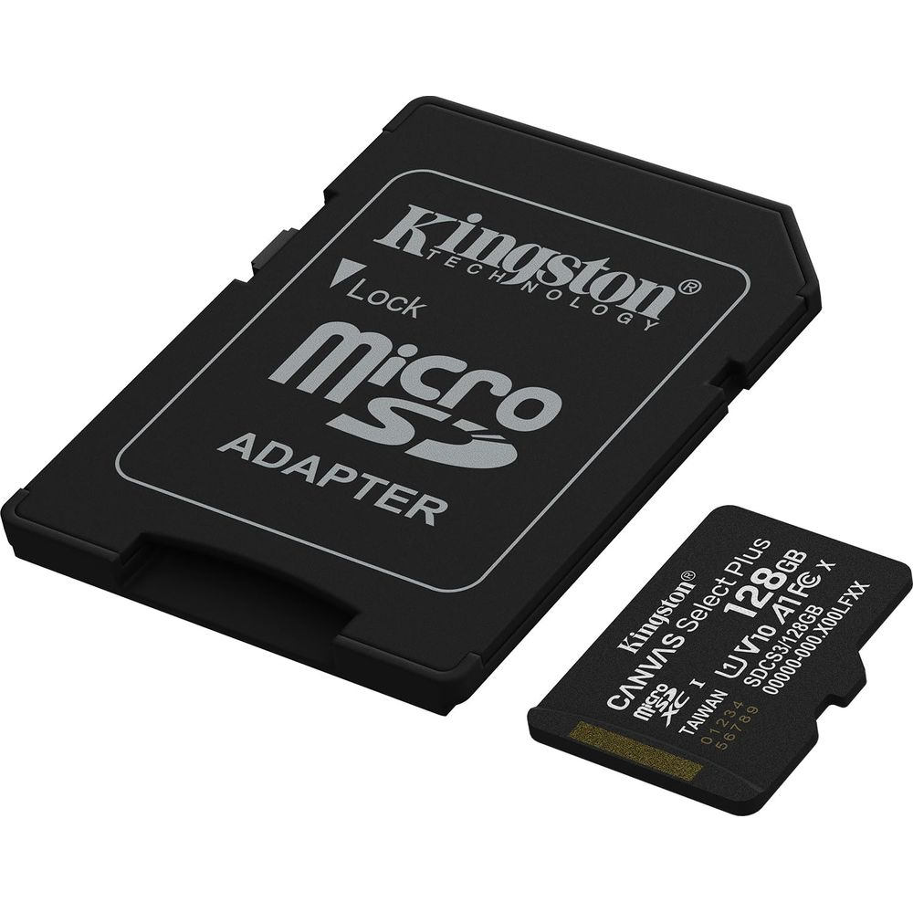 Ein schwarzer Micro-SD-Adapter und eine 128-GB-Karte von Kingston.