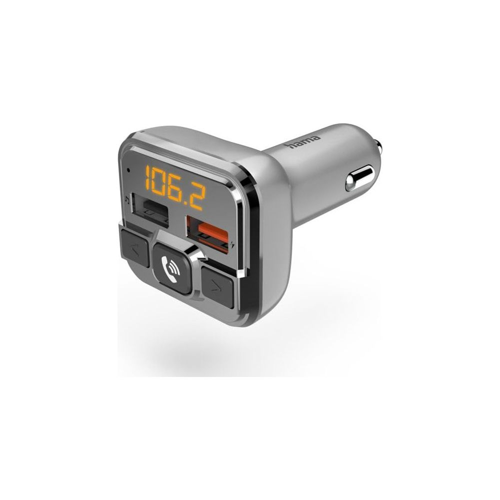 Silberner Hama Kfz-Sender mit orangefarbenem Display und zwei USB-Anschlüssen.