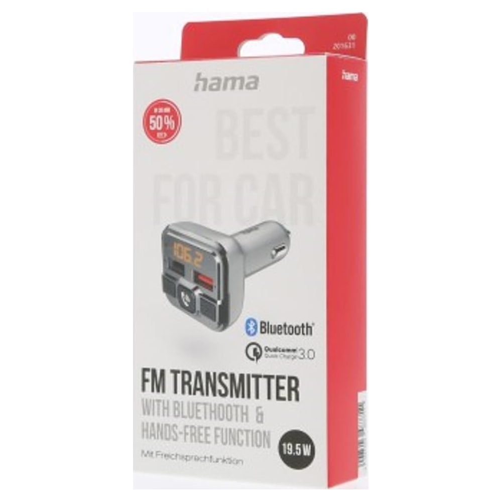 Hama FM Sender mit Bluetooth und Freisprechfunktion, 19.5W, auf Kartonverpackung.